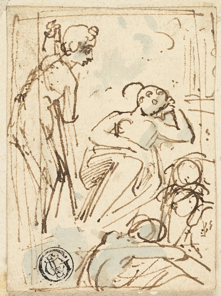 Sketch of Man Leaning on Staff, Looking at Sleeping Woman by Thomas Stothard, drawing, 1775-1834