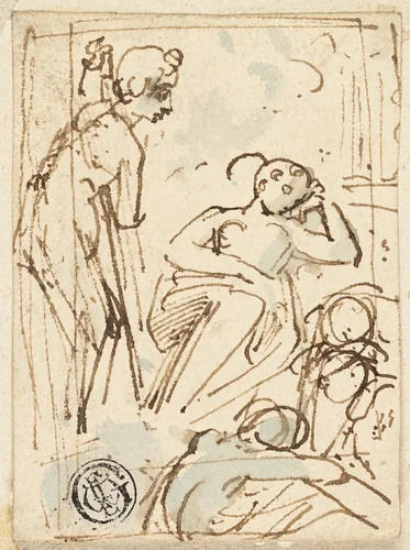Sketch of Man Leaning on Staff, Looking at Sleeping Woman by Thomas Stothard, drawing, 1775-1834