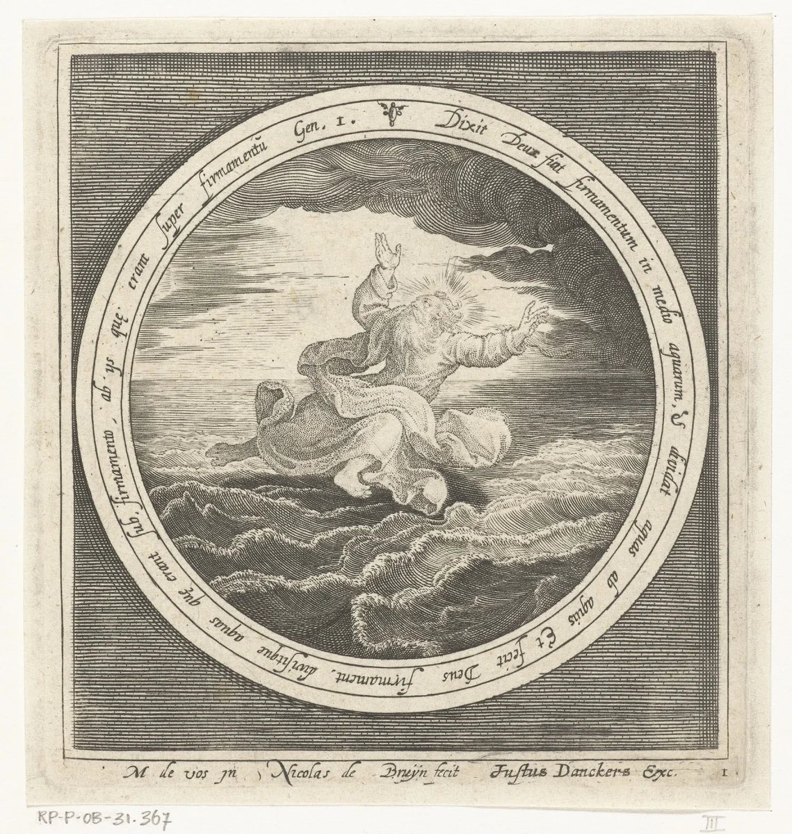 Tweede dag van schepping: God scheidt de watermassa's in hemel en zee by Unknown, print, 1581-1656