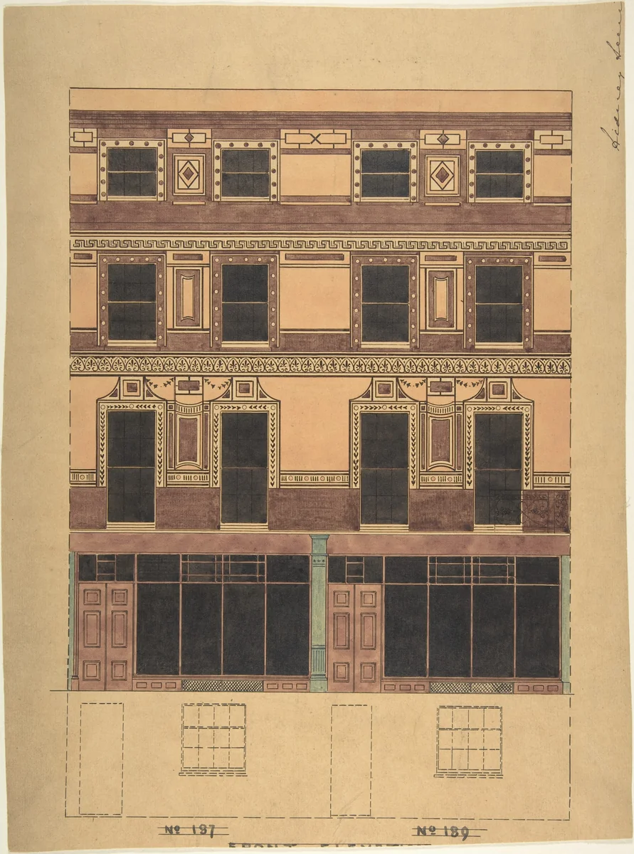 Vertical Section of a Four-Story House with Greek Wall Ornament by anonymous, drawing, 1800-1900