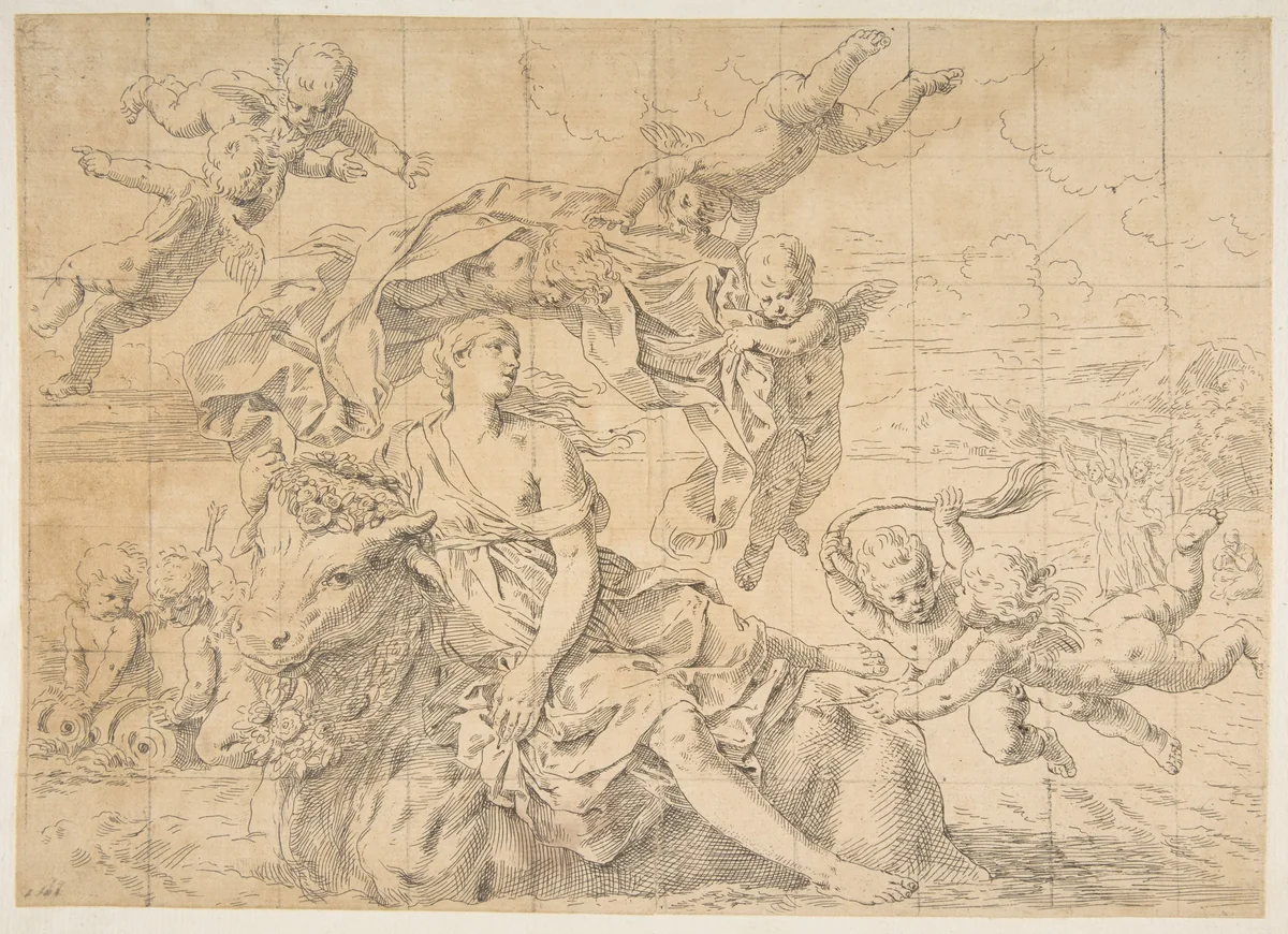 Rape of Europa by Simone Cantarini, print, 1631-1641