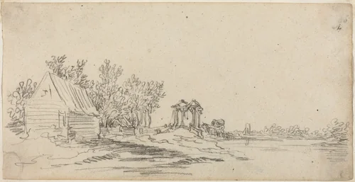 River Landscape with a Distant Bridge by Jan van Goyen, drawing, 1627-1629