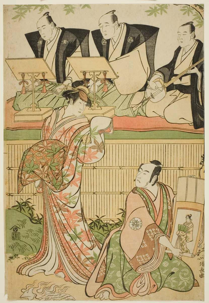 The Actors Matsumoto Koshiro IV as Ukita Sakingo and Sawamura Sojuro III as the ghost of the courtesan Takao, in the play "Ominaeshi Sugata no Hatsuaki," performed at the Nakamura Theater, 1788 by Torii Kiyonaga (鳥居清長), print, 1788