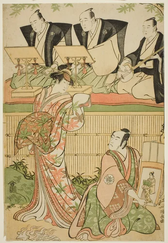 The Actors Matsumoto Koshiro IV as Ukita Sakingo and Sawamura Sojuro III as the ghost of the courtesan Takao, in the play "Ominaeshi Sugata no Hatsuaki," performed at the Nakamura Theater, 1788 by Torii Kiyonaga (鳥居清長), print, 1788
