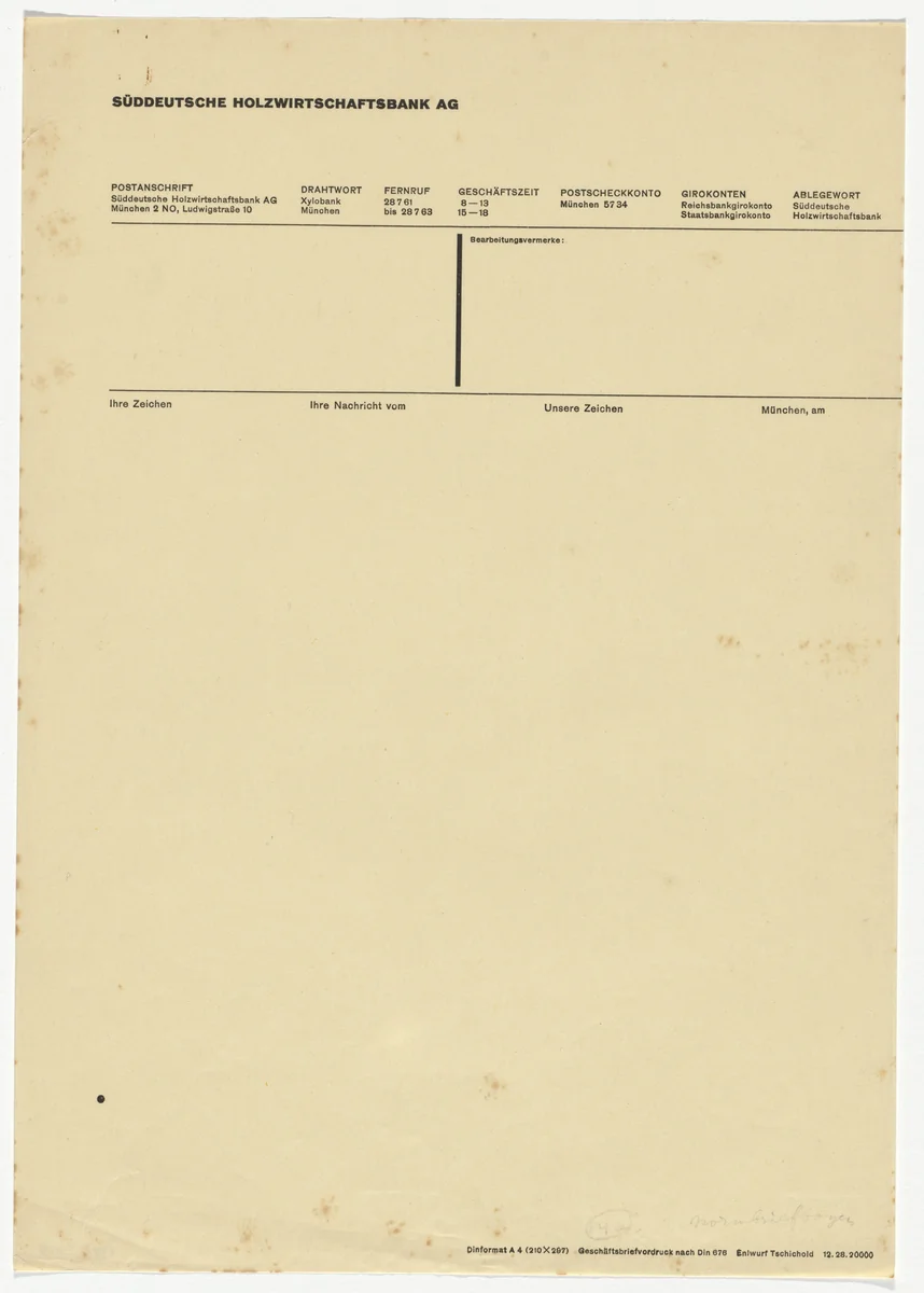 Süddeutsche Holzwirtschaftsbank, AG. letterhead by Jan Tschichold, design, 1928