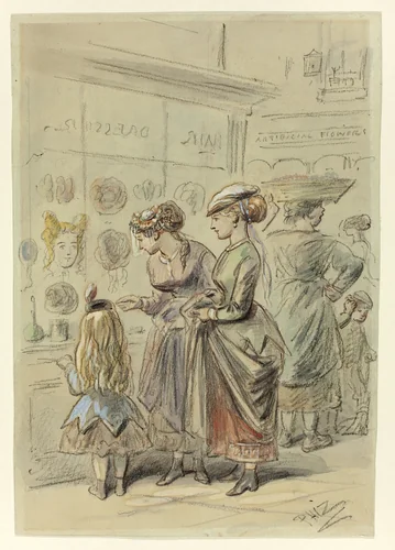 Two Ladies and Little Girl Before Hairdresser's Shop by Hablot Knight Browne, painting, 1835-1882