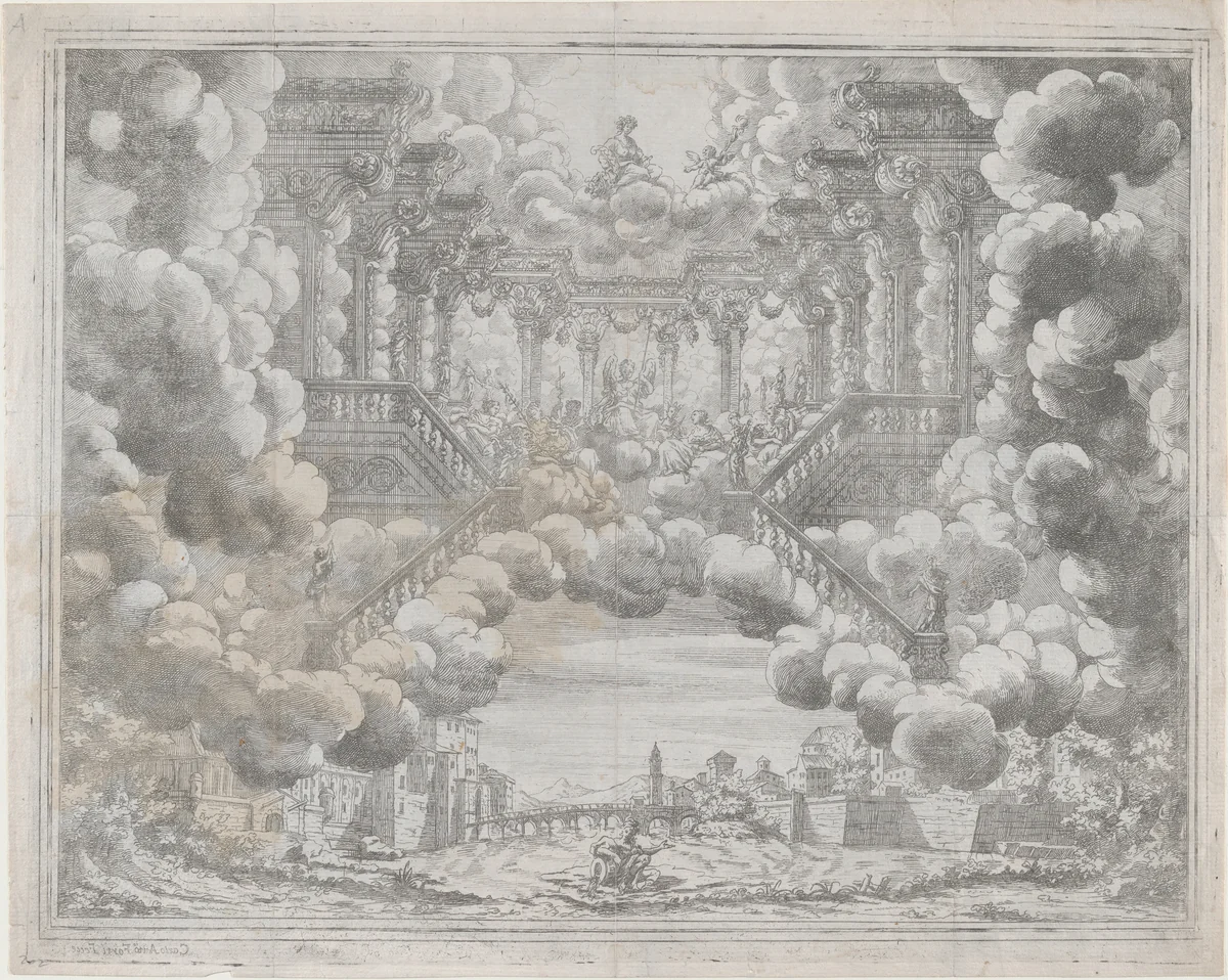 Stage design with allegorical figures on a staircase; from 'L'Eta Dell'Oro' by Carlo Antonio Forti, print, 1685-1695