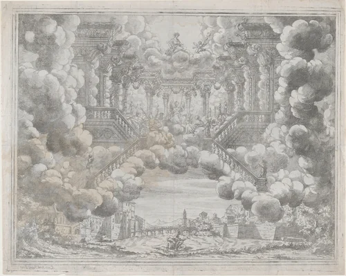 Stage design with allegorical figures on a staircase; from 'L'Eta Dell'Oro' by Carlo Antonio Forti, print, 1685-1695