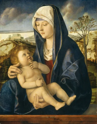 Madonna and Child in a Landscape by Giovanni Bellini, painting, 1490-1500