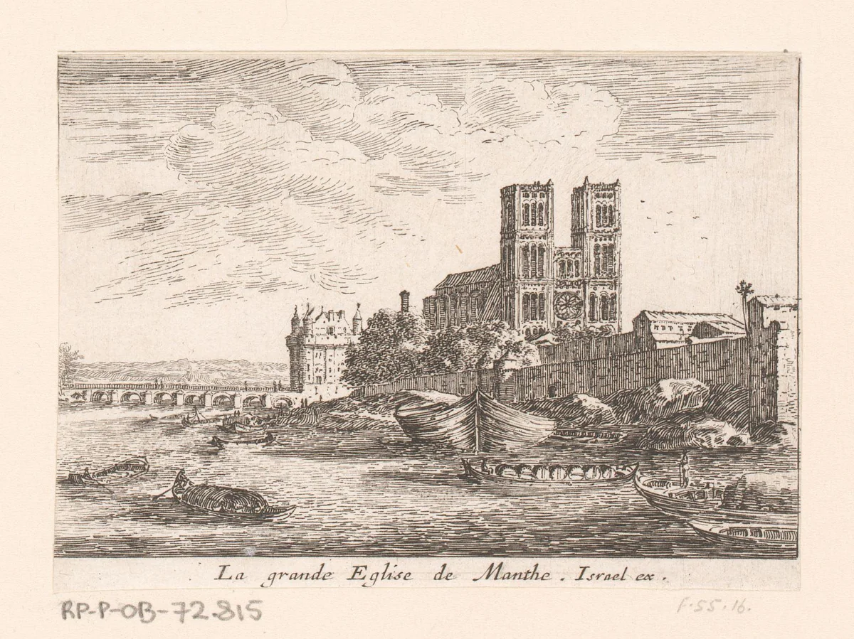 Gezicht op de kathedraal van Mantes-la-Jolie by Israël Silvestre, print, 1631-1661