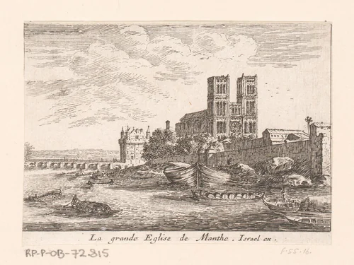 Gezicht op de kathedraal van Mantes-la-Jolie by Israël Silvestre, print, 1631-1661