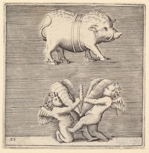 A Belted Pig and Two Cupids (or Geniuses) with a Butterfly (or Moth), from "Ex Antiquis Cameorum et Gemmae Delineata/ Liber Secundus/et ab Enea Vico Parmen Incis" by anonymous, print, 1599-1622