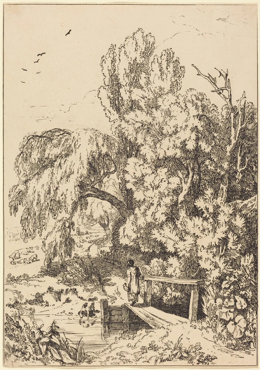 Landscape with Trees, Girl Crossing Footbridge by William Havell, print, 1804