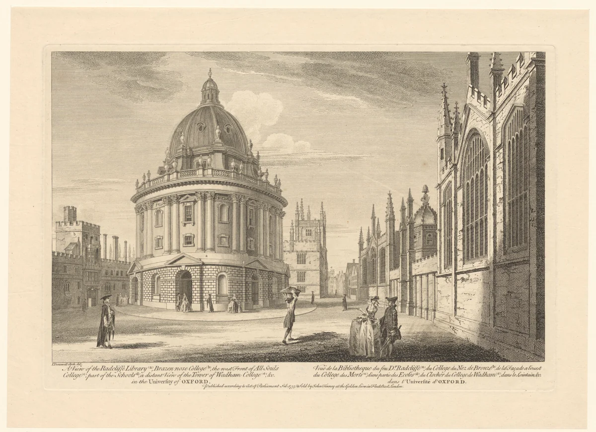 Gezicht op het Radcliffe Square by William Woollett, print, 1755