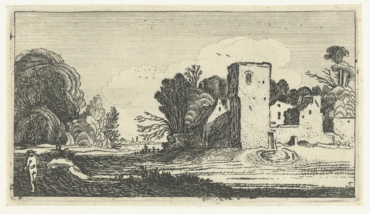 Landschap met vierkante toren bij huizen by anonymous, print, 1610-1650