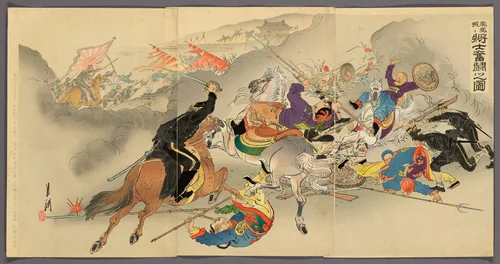 Soldiers Fighting Furiously at Fenghuangcheng (Hoojo ni shoshi funto no zu) by Ogata Gekko, print, 1894