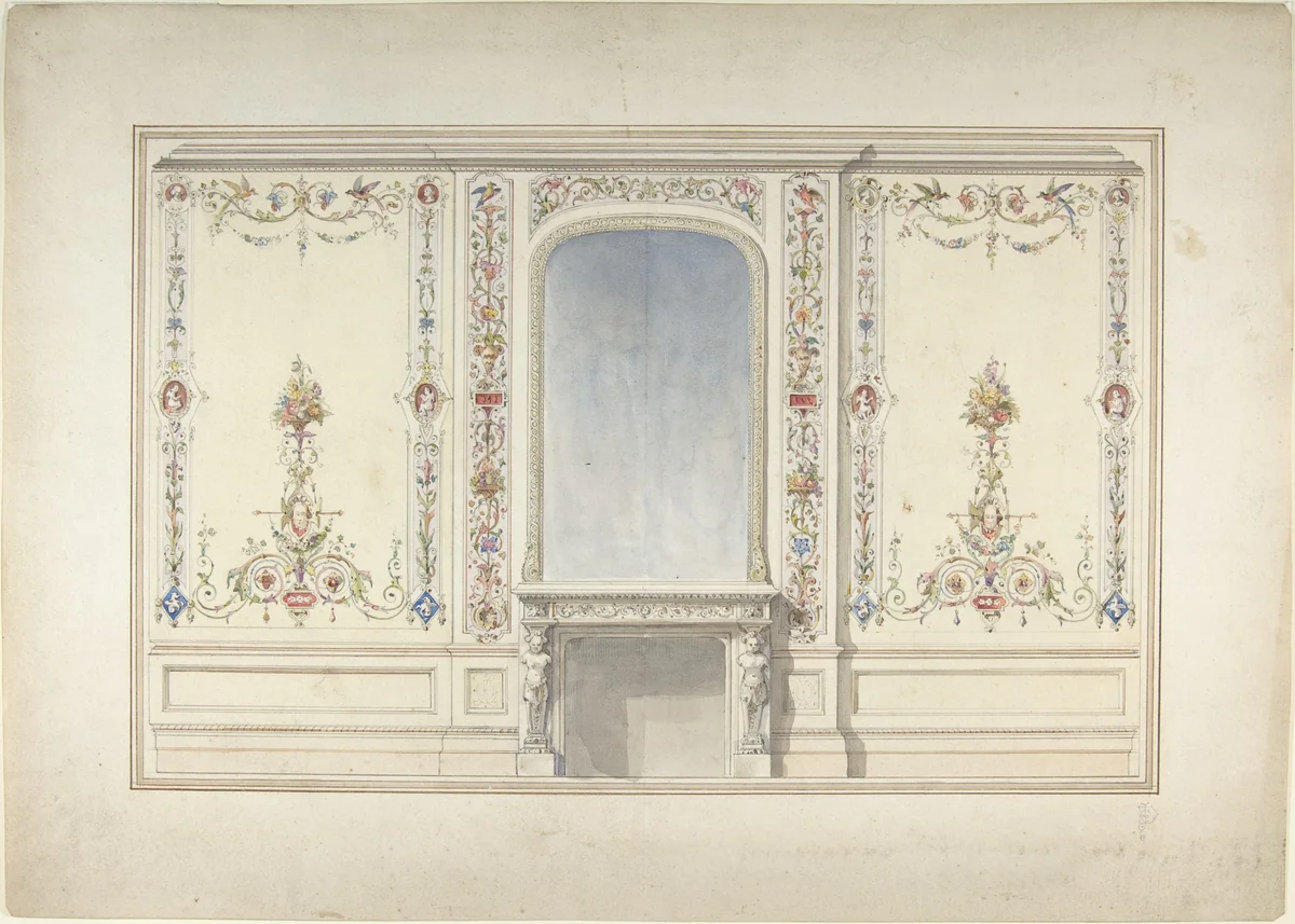 Elevation of Fireplace Wall in an Elizabethan Revival Room by John Dibblee Crace, drawing, 1870-1890