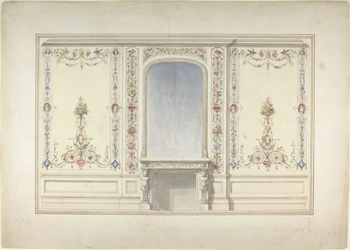 Elevation of Fireplace Wall in an Elizabethan Revival Room by John Dibblee Crace, drawing, 1870-1890