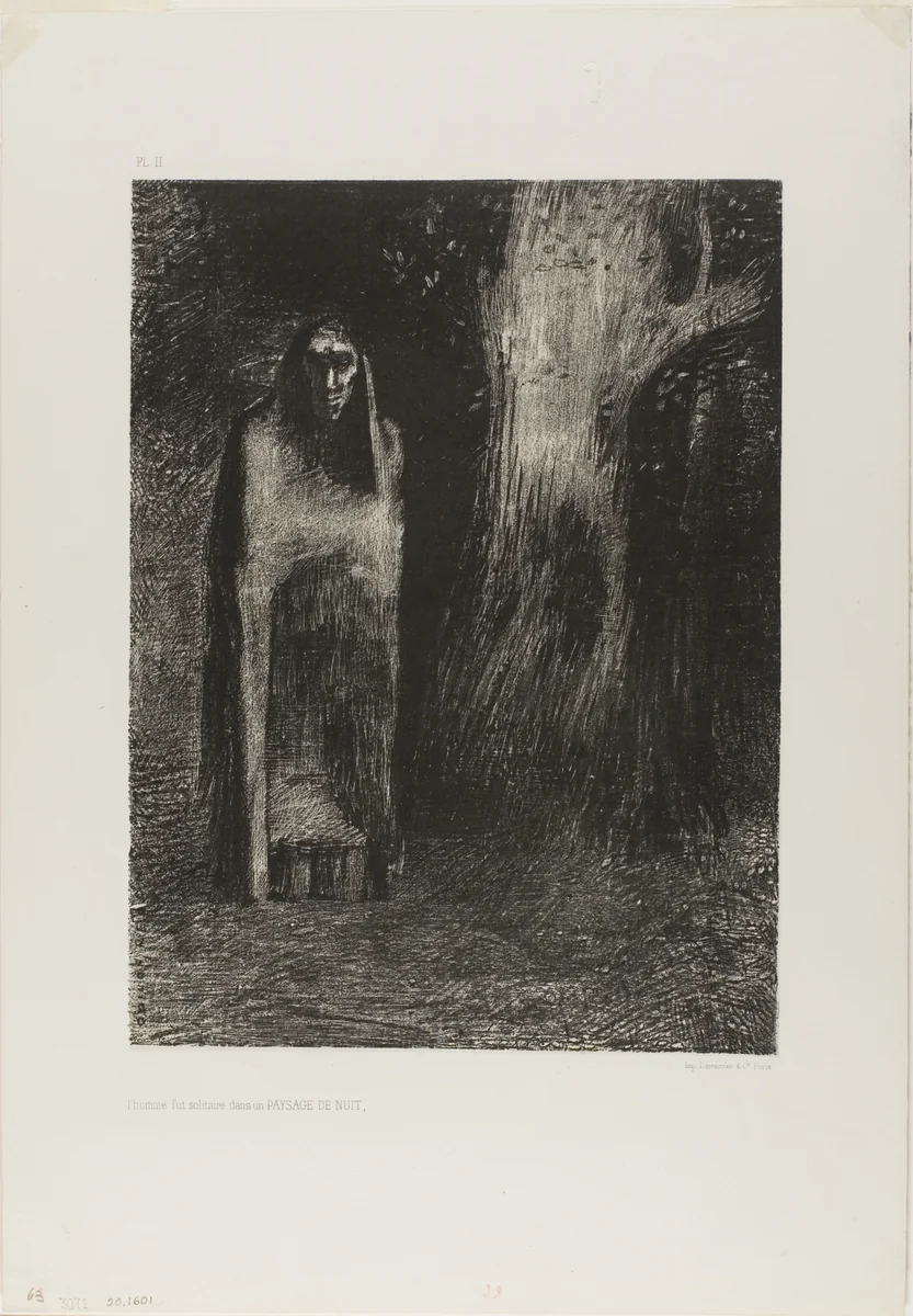 The Man was Alone in a Night Landscape, from Night by Odilon Redon, print, 1886