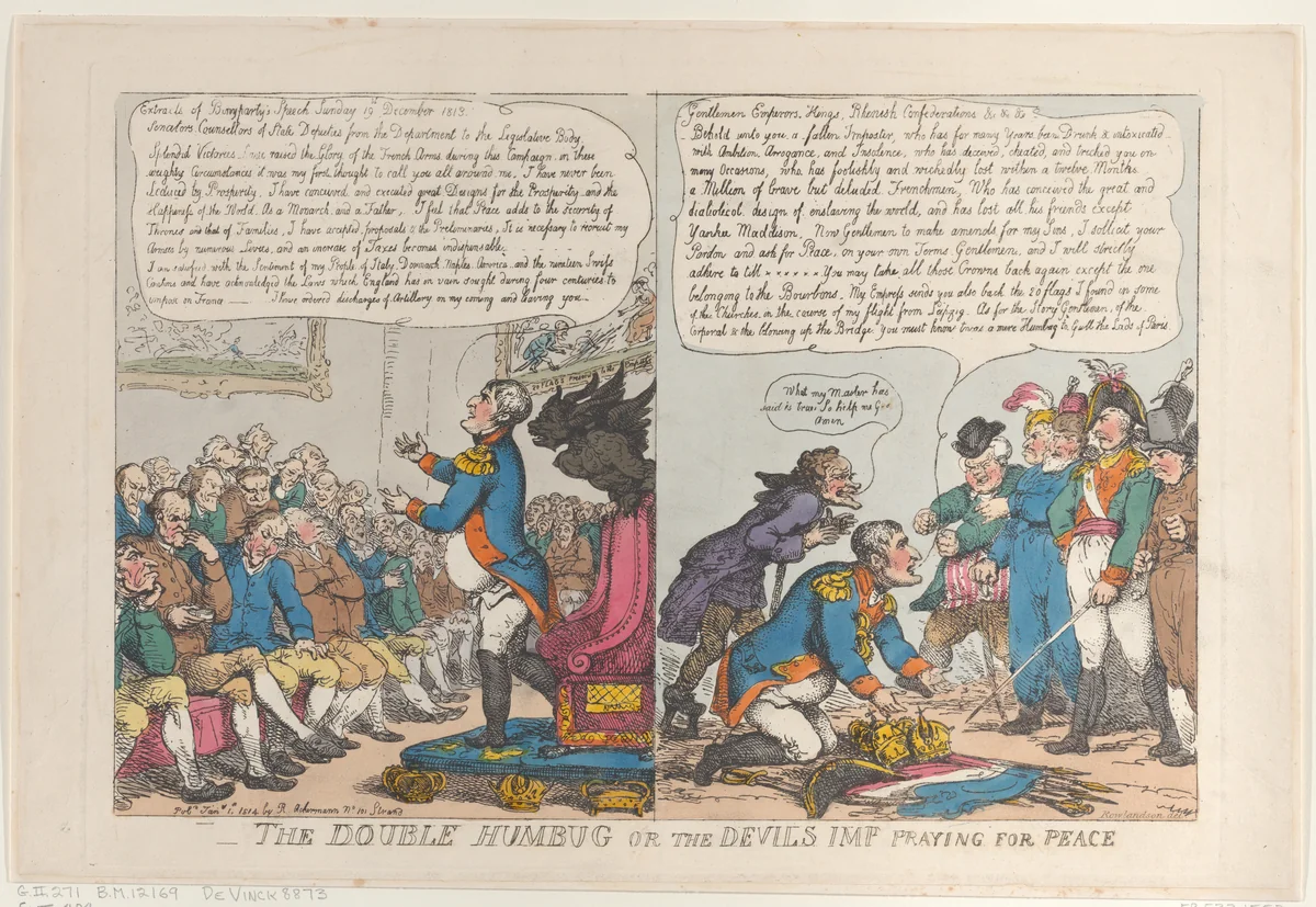 The Double Humbug or the Devils Imp Praying for Peace by Thomas Rowlandson, print, 1814