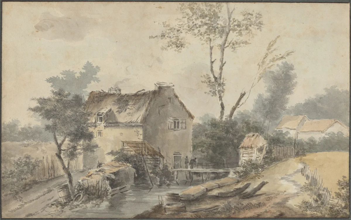 Mill with Bridge and Figures by Louis Gabriel Moreau, drawing, 1740-1806
