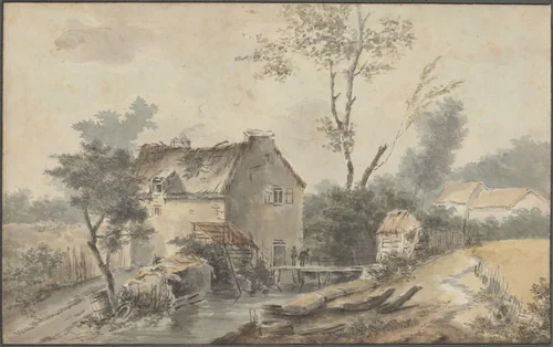 Mill with Bridge and Figures by Louis Gabriel Moreau, drawing, 1740-1806