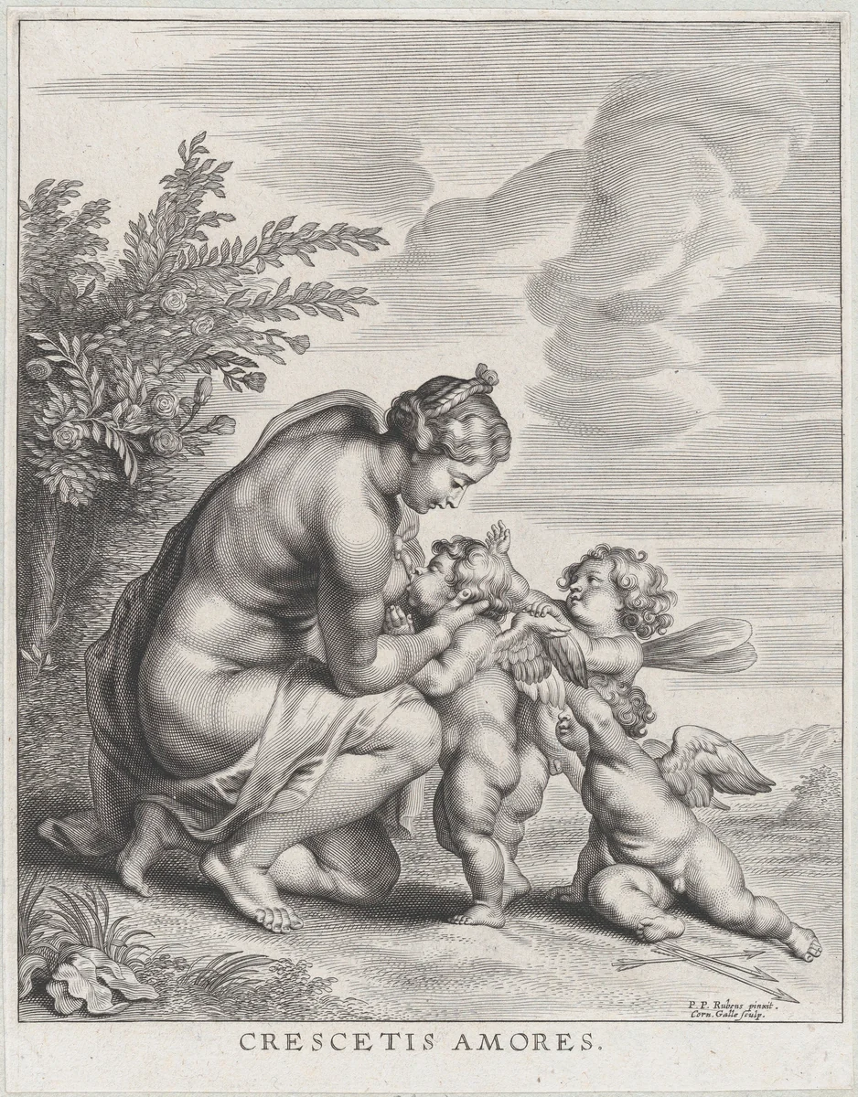 Venus nursing three Cupids in a landscape by Cornelis Galle II, print, 1627-1678