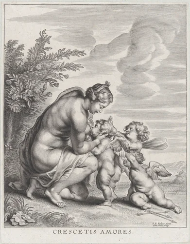 Venus nursing three Cupids in a landscape by Cornelis Galle II, print, 1627-1678