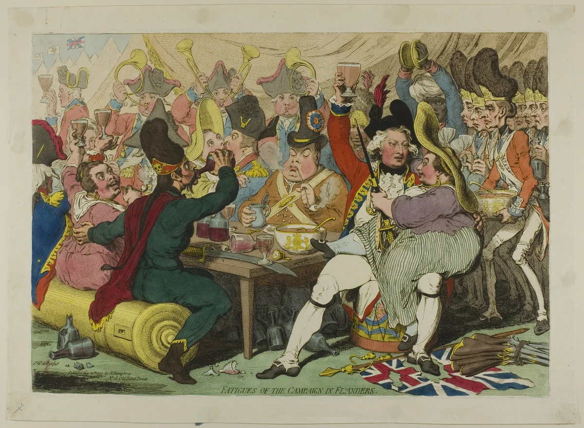 Fatigues of the Campaign in Flanders by James Gillray, print, 1793