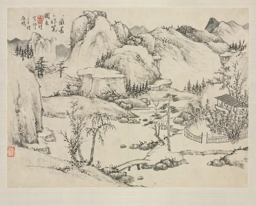 Landscape Album in Various Styles: Scenery of Mt. Changbai after Huang Gongwang by Zha Shibiao, painting, 1684