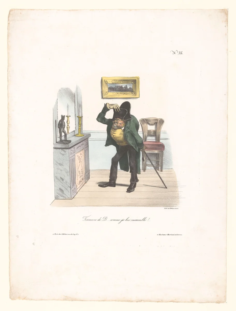 Karikatuur van een man die op Napoleon wil lijken by anonymous, print, 1830-1835