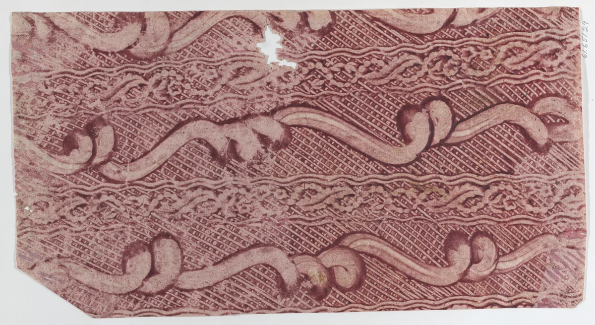 Red paste paper with crisscross and wavy line pattern by anonymous, print, 1700-1800