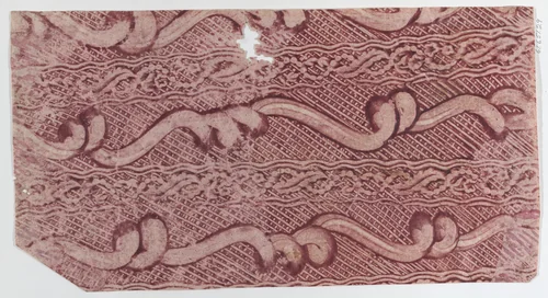 Red paste paper with crisscross and wavy line pattern by anonymous, print, 1700-1800