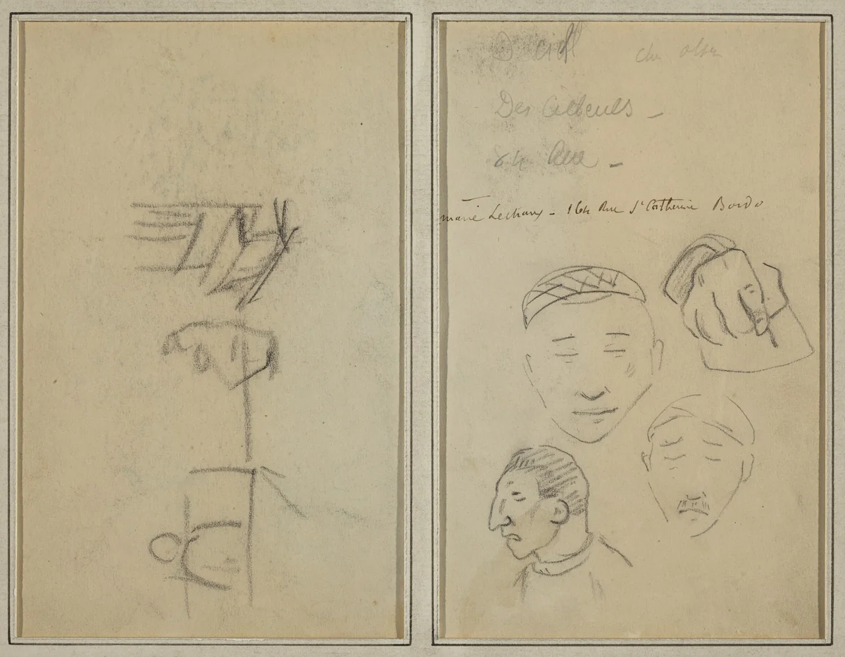 Two Figures and a Bench; Three Studies of Men's Heads and One of a Hand [recto] by Paul Gauguin, drawing, 1884-1888