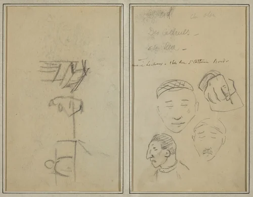 Two Figures and a Bench; Three Studies of Men's Heads and One of a Hand [recto] by Paul Gauguin, drawing, 1884-1888
