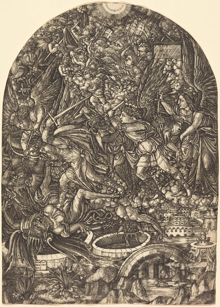 Saint Michael and the Dragon by Jean Duvet, print, 1546-1556