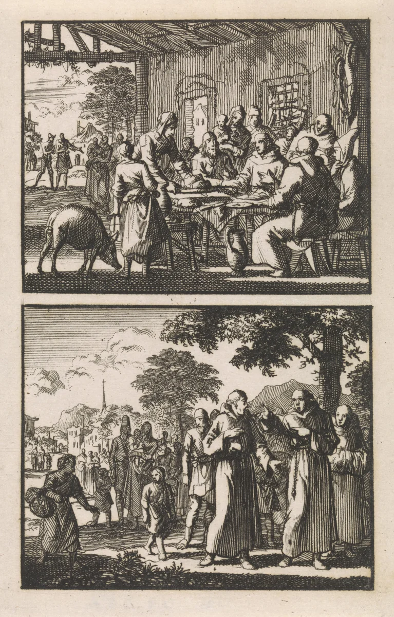 Pater Montalto bezoekt zijn ouderlijk huis te Grotte / Pater Montalto in gesprek met Pater Caputti by Jan Luyken, print, 1697