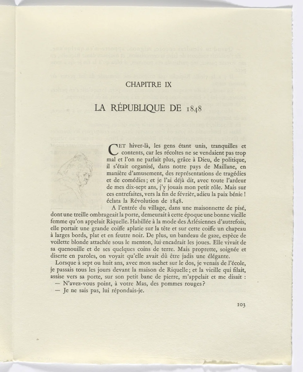 Frédéric Mistral: Mémoires et Recits by Frédéric Mistral: bust of a woman (page 103) by Auguste Brouet, other, 1937