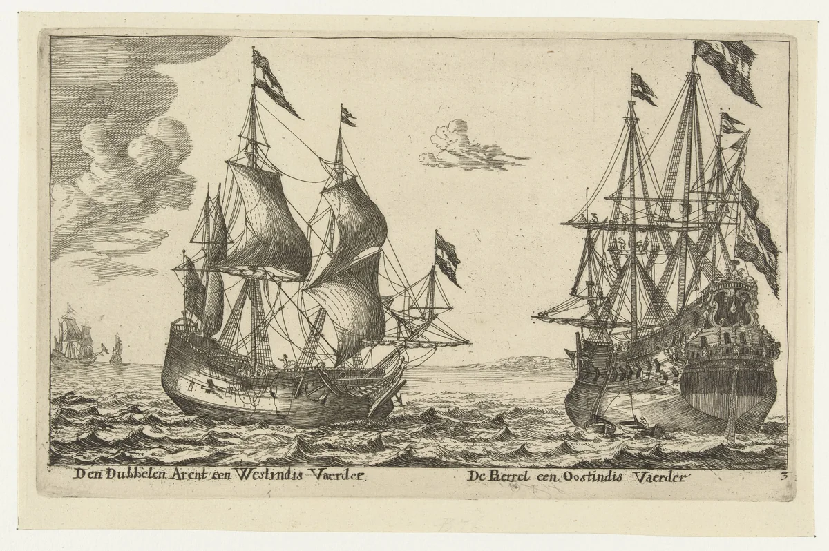 De schepen De Parel en De Dubbele Arend by anonymous, print, 1652-1714