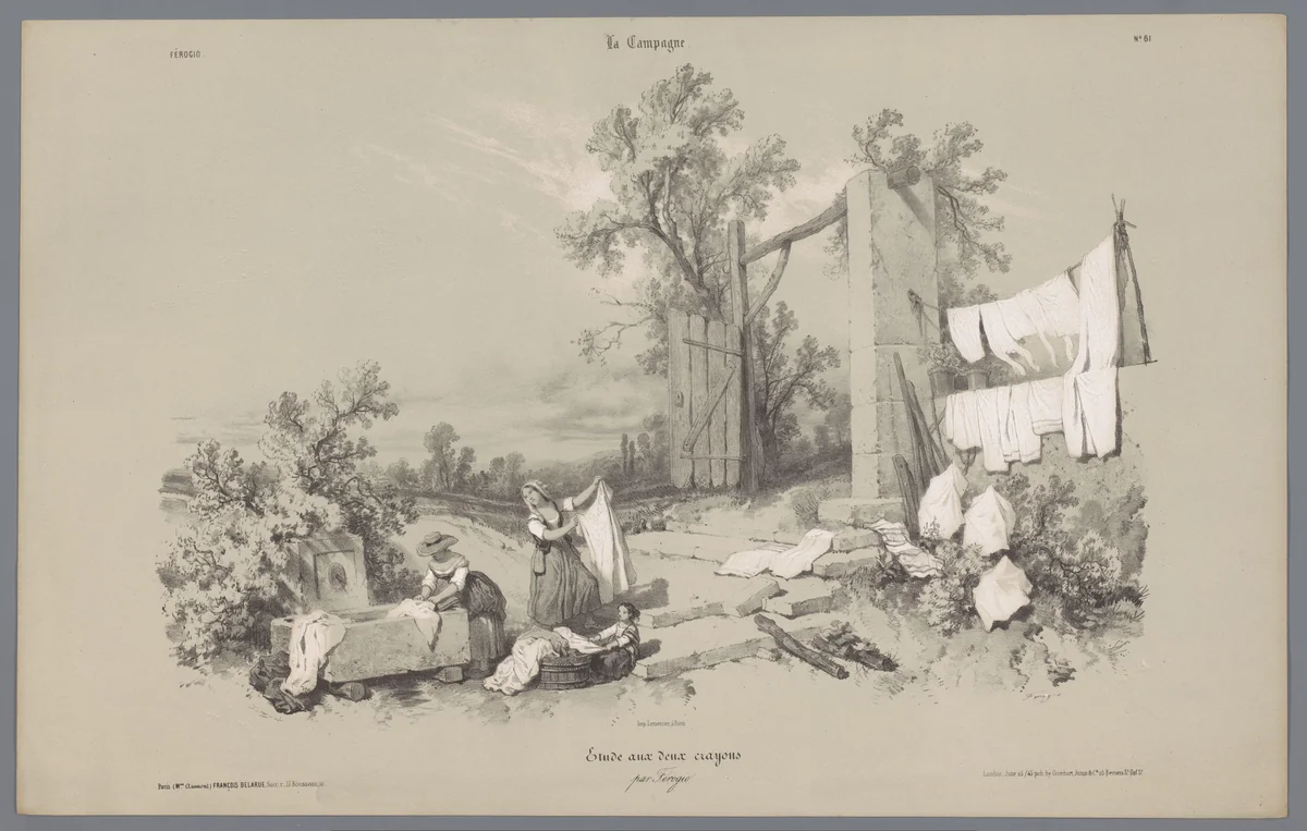 Twee vrouwen en een meisje doen buiten de was by Bernard Romain Julien, print, 1844-1845