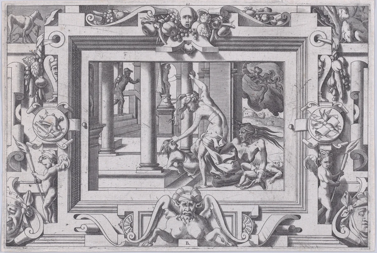 Medea Kills Her Two Children by Jason (Pour qui d'Absyrte a le sang repandu, fait que du sien le tort lui soit rendu...), from "Jason and the Golden Fleece" by René Boyvin, print, 1563