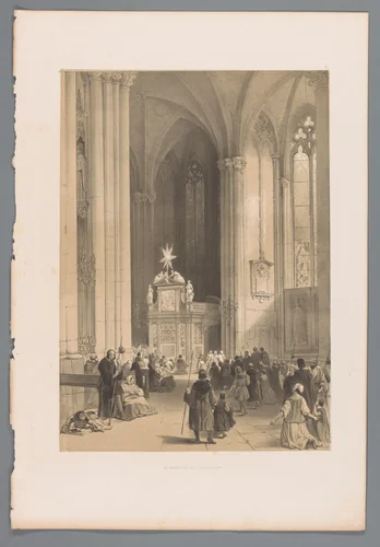 Gezicht op het reliekschrijn van de drie koningen in de Dom van Keulen by Louis Haghe, print, 1845