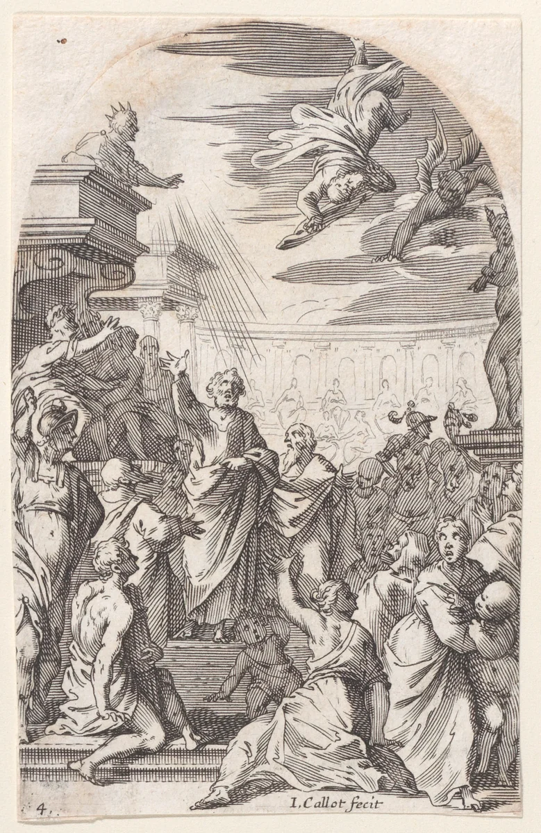 The Fall of Simon the Magician, plate 4 from "Les Tableaux de Rome, Les Eglises Jubilaires" (The Paintings of Rome, The Churches Jubilee) by Jacques Callot, print, 1607-1611