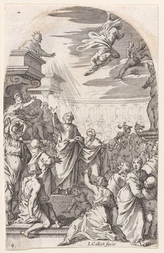 The Fall of Simon the Magician, plate 4 from "Les Tableaux de Rome, Les Eglises Jubilaires" (The Paintings of Rome, The Churches Jubilee) by Jacques Callot, print, 1607-1611