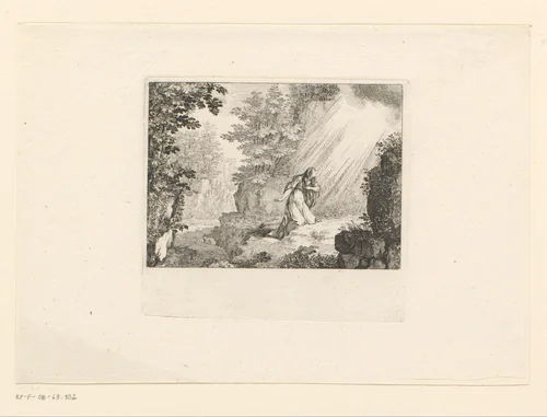 Maria Magdalena biddend in de wildernis by Sébastien Leclerc, print, 1647-1714