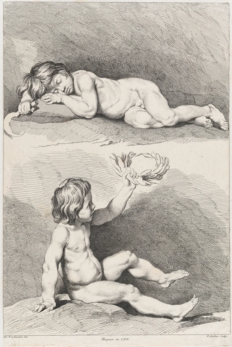 Two nude children, one sleeping and the other holding a wreath, from "New Book of Children" by Pierre Alexandre Aveline, print, 1720-1760