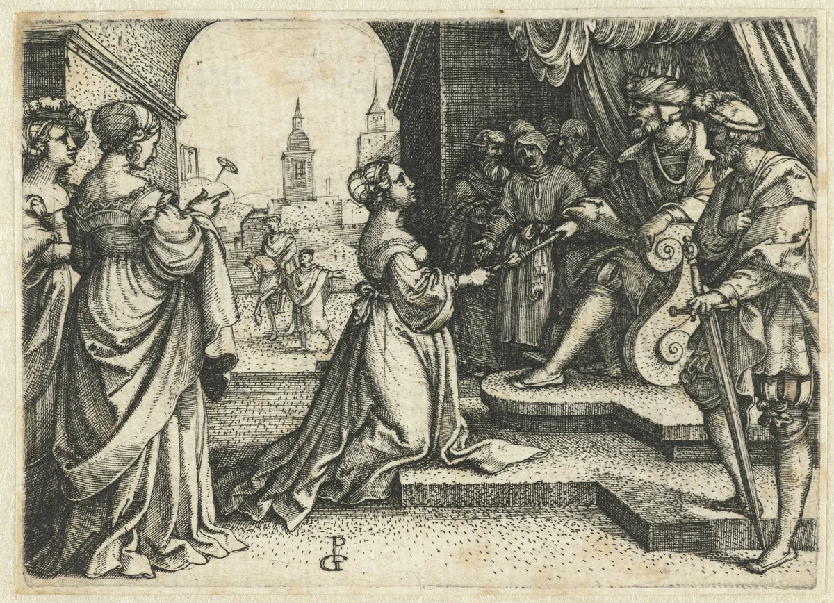 Ester knielt voor Ahasveros by Unknown, print, 1529-1533