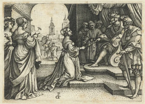 Ester knielt voor Ahasveros by Unknown, print, 1529-1533