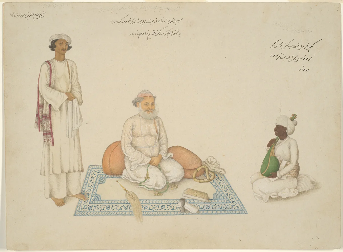 Shah Inayat Allah of Sind with his Musician Makkhu and his Attendant Shaykh Qiyam al-Din, page from the Fraser Album by India Delhi, painting, 1815-1825
