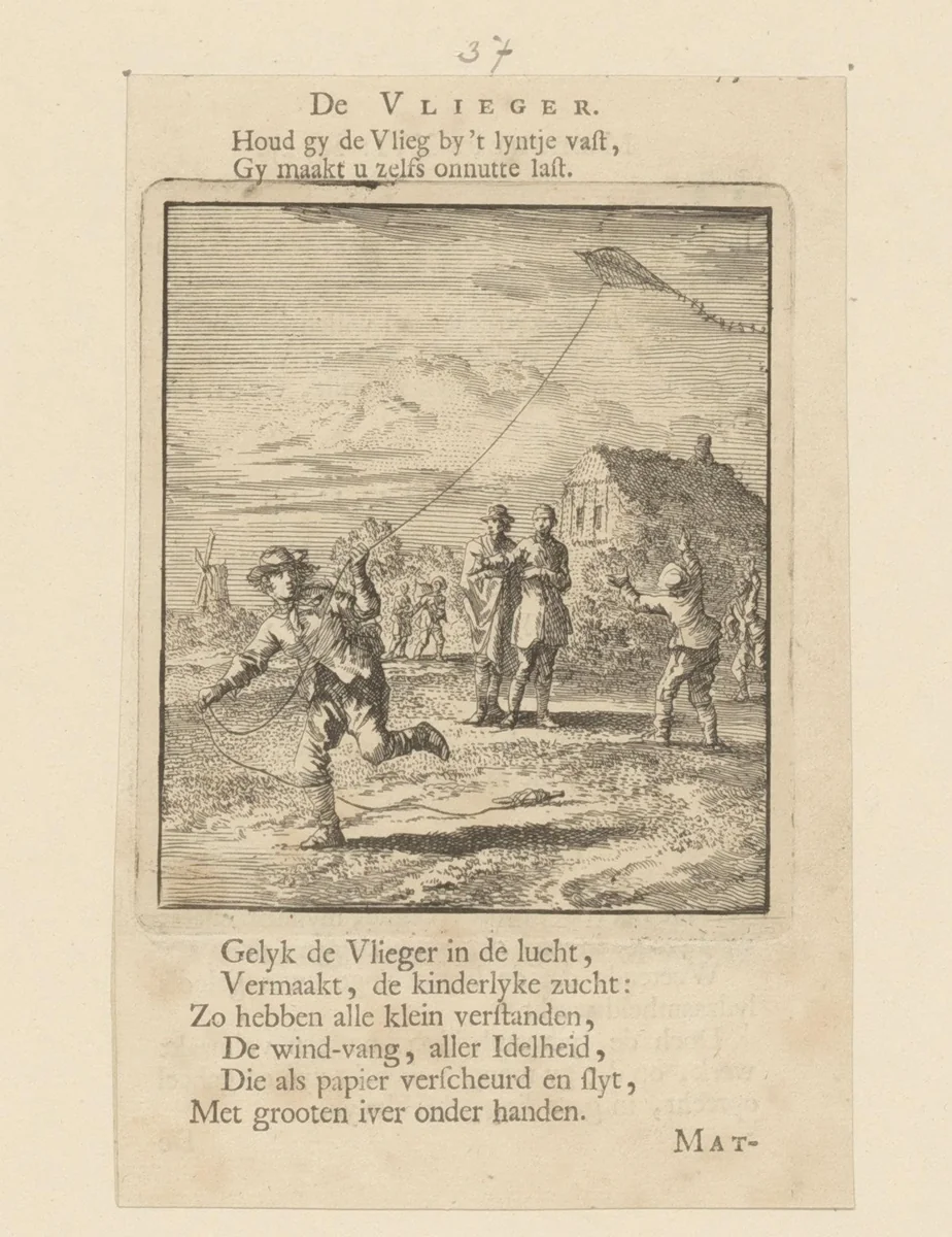 Kinderen spelend met een vlieger by Jan Luyken, print, 1712